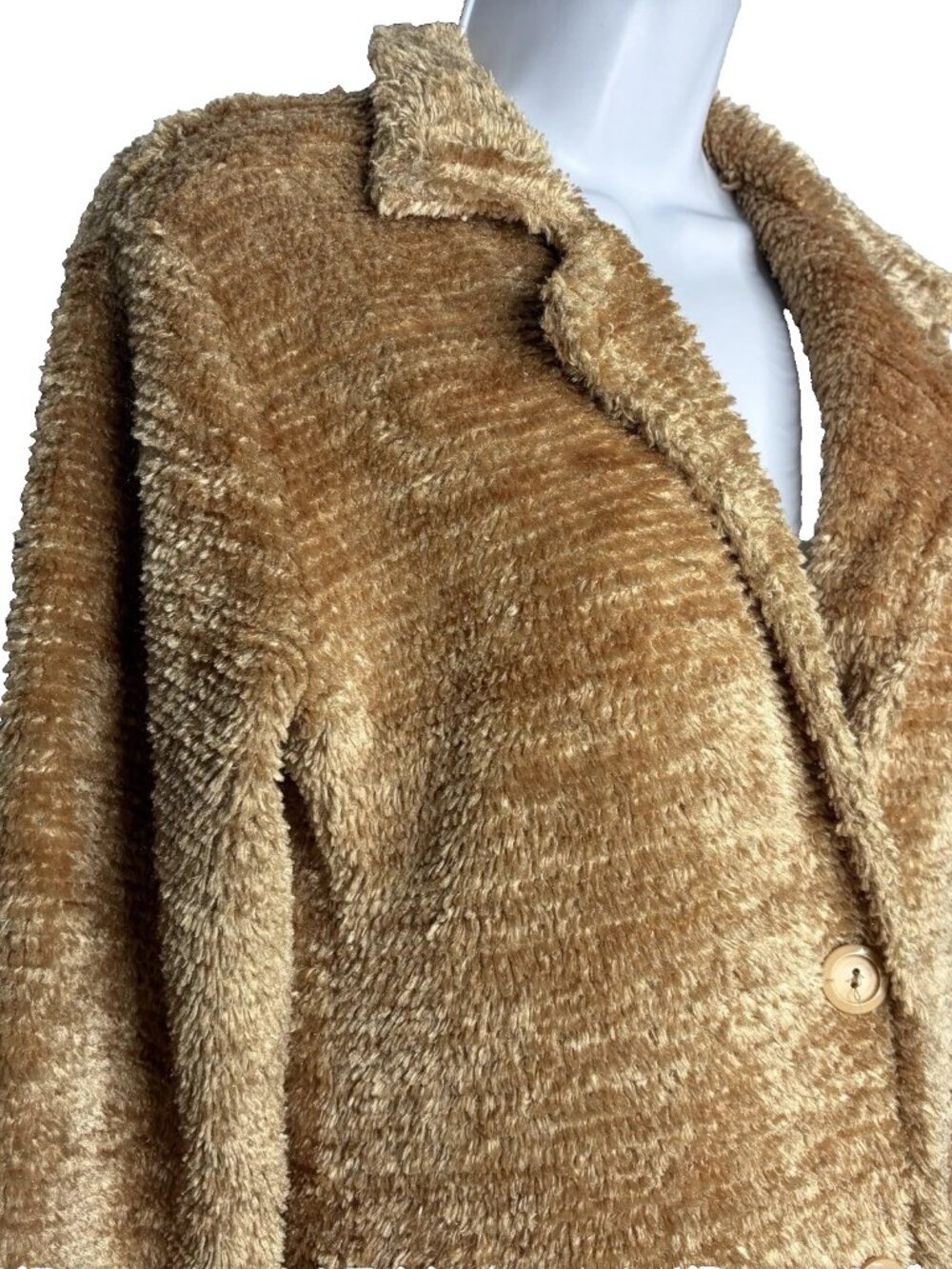 Vintage 90s Pretty Good Chenille Sweater Coat Size M Golden Brown Shag Longline - Picture 4 of 8